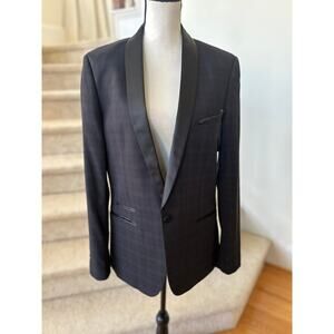 Paisley & Grey Black Plaid & Satin Shawl Collar Single Button Blazer